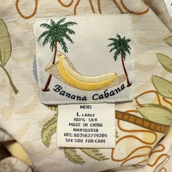 Banana Cabana 100% Silk Tropical Palm Tree Button Up Shirt Tan Yellow Size Large - Picture 5 of 6